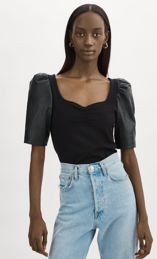 Lamarque Kira Top with Leather Sleeves Black