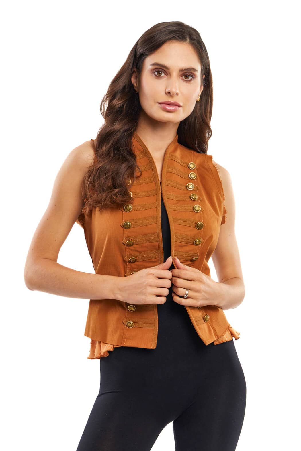 Military Style Button Down Vest with Mesh Flounce Detail Coffee color