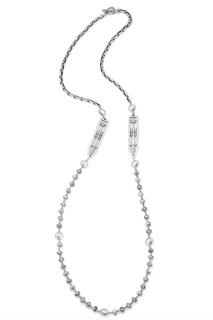 French Kande Silverite W/ Silver Wire, Swarovski, Chain and Sword & Crown Pendants