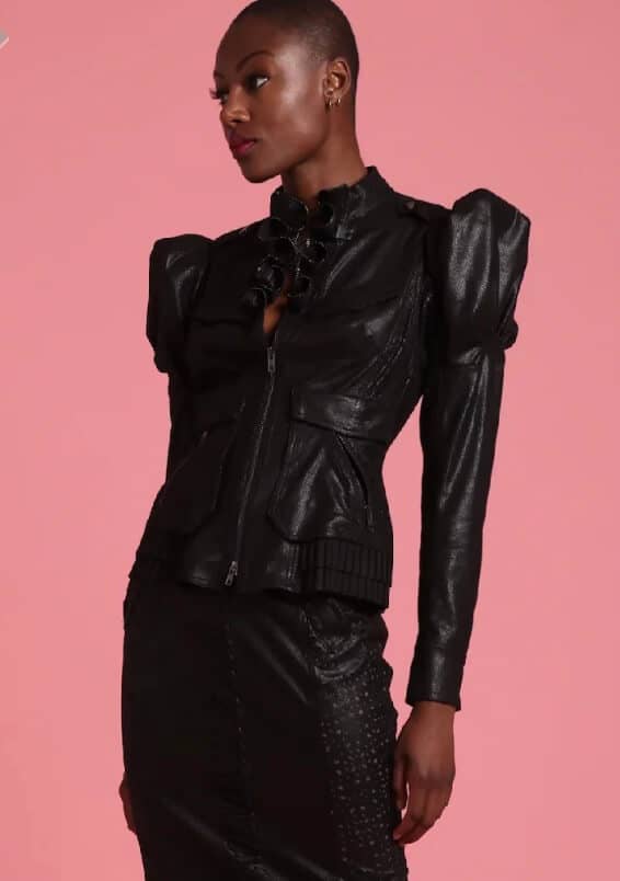 Vegan Leather Puff Sleeve Bomber from In Earnest by Byron Lars color black