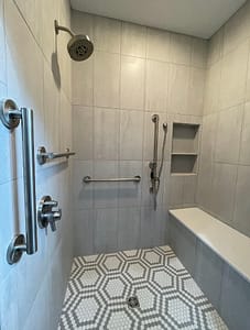 ADA Shower with Adjustable Shower Wand, Bench and Grab Bars
